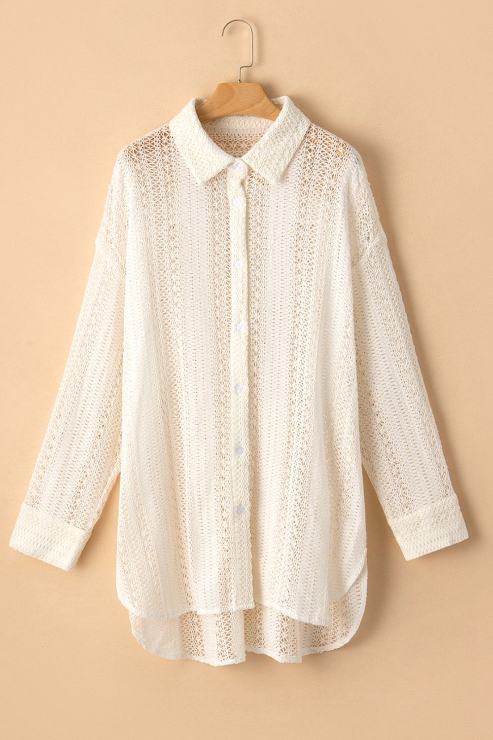Lace Crochet Collared Neck Oversized Shirt - -