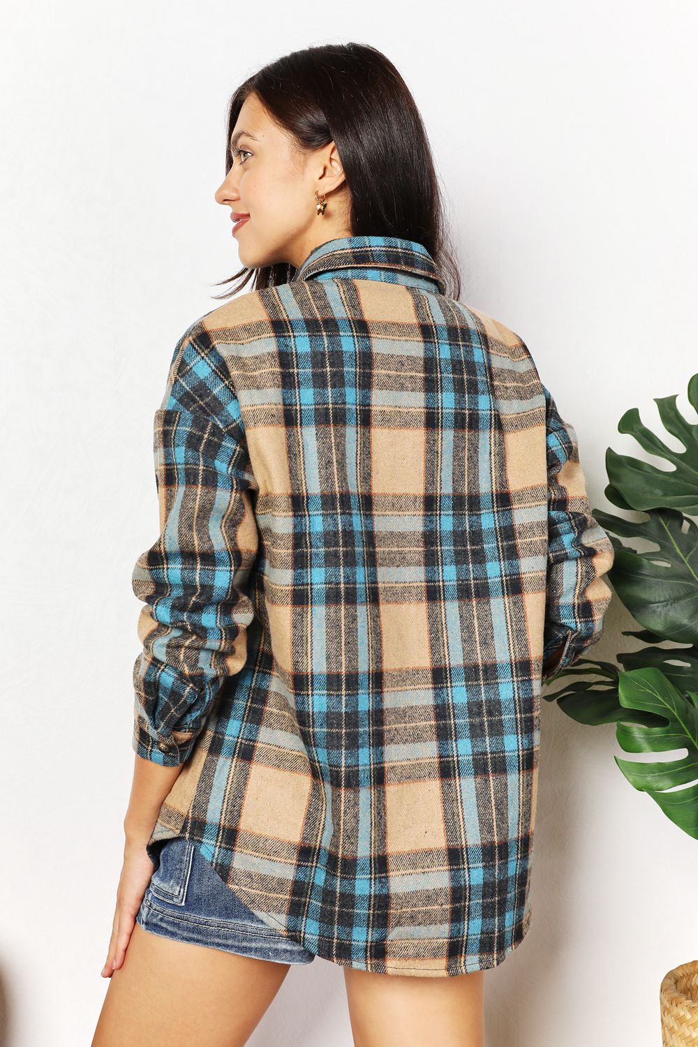 Double Take Plaid Curved Hem Shirt Jacket with Breast Pockets - -