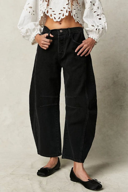 Wide Leg Jeans with Pockets - Black -