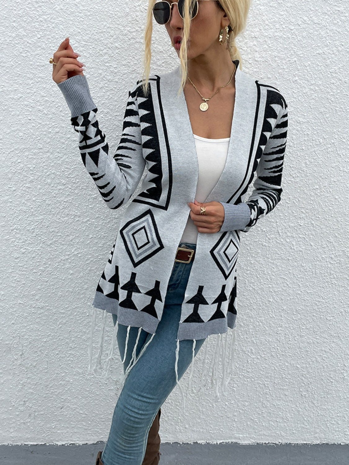 Geometric Fringe Hem Open Front Cardigan