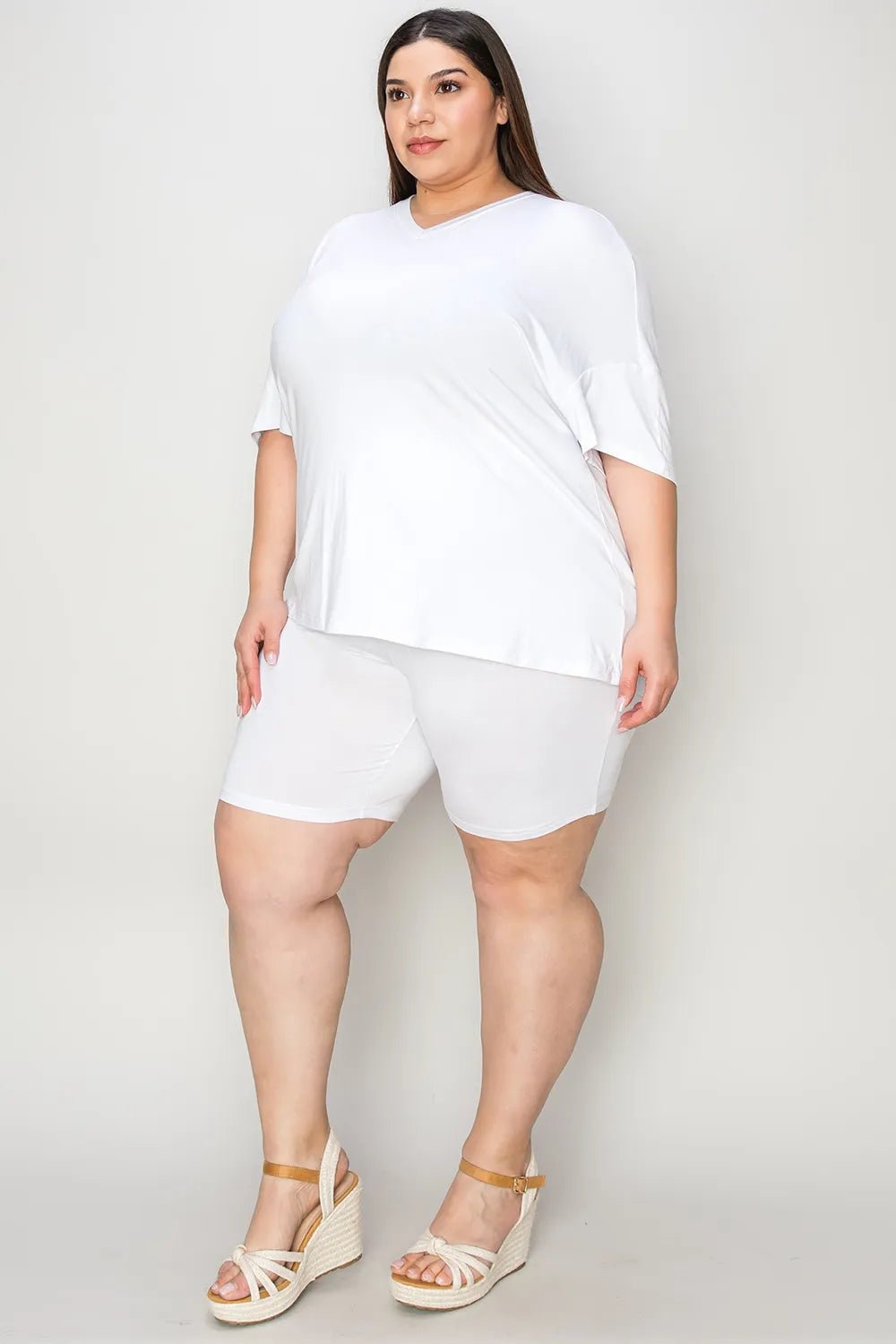 Basic Bae Bamboo Full Size V-Neck Drop Shoulder T-Shirt and Shorts Set - -