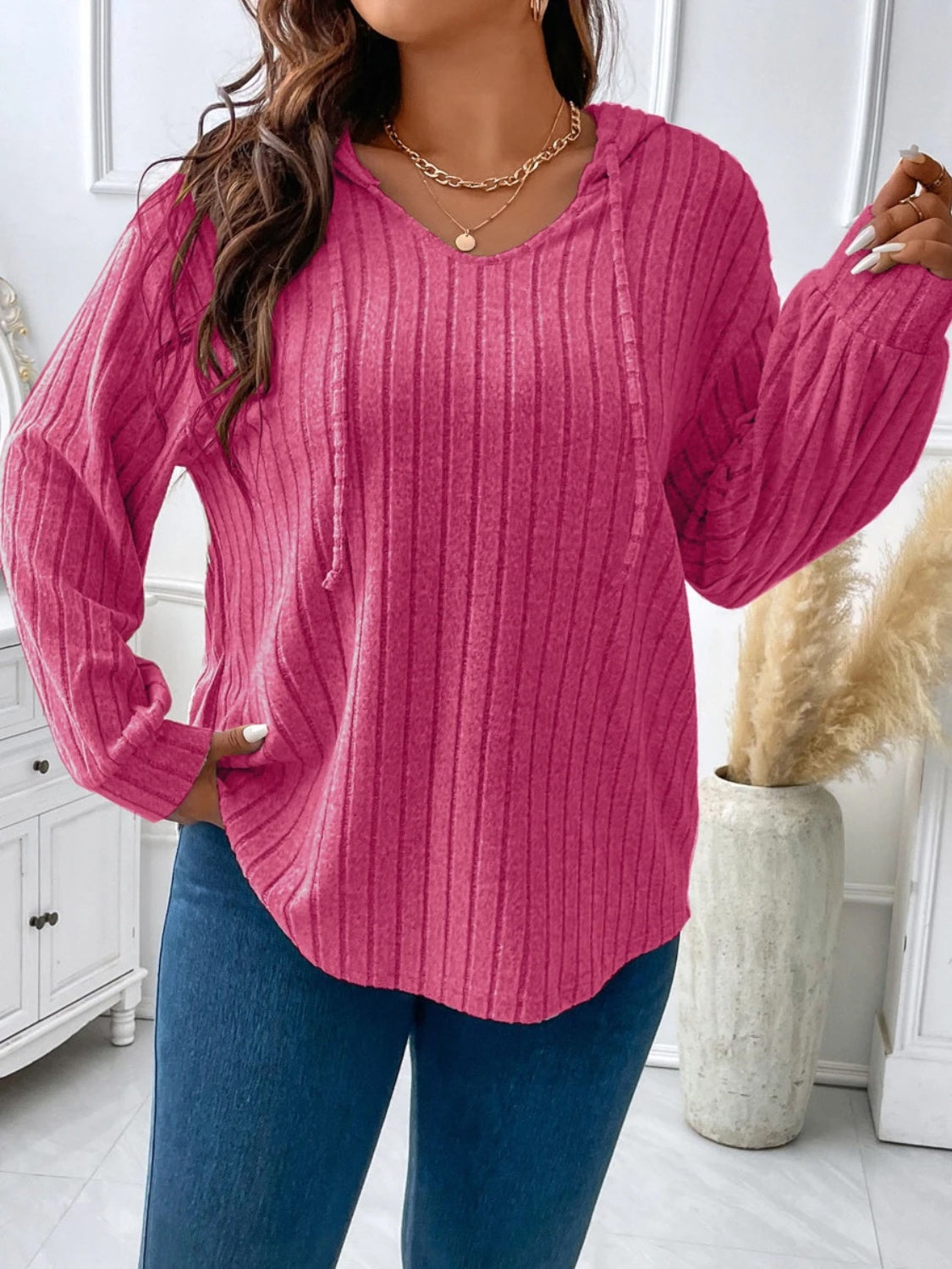 Plus Size Cozy Drawstring Hoodie Tee (Curve Confidence) - Hot Pink -