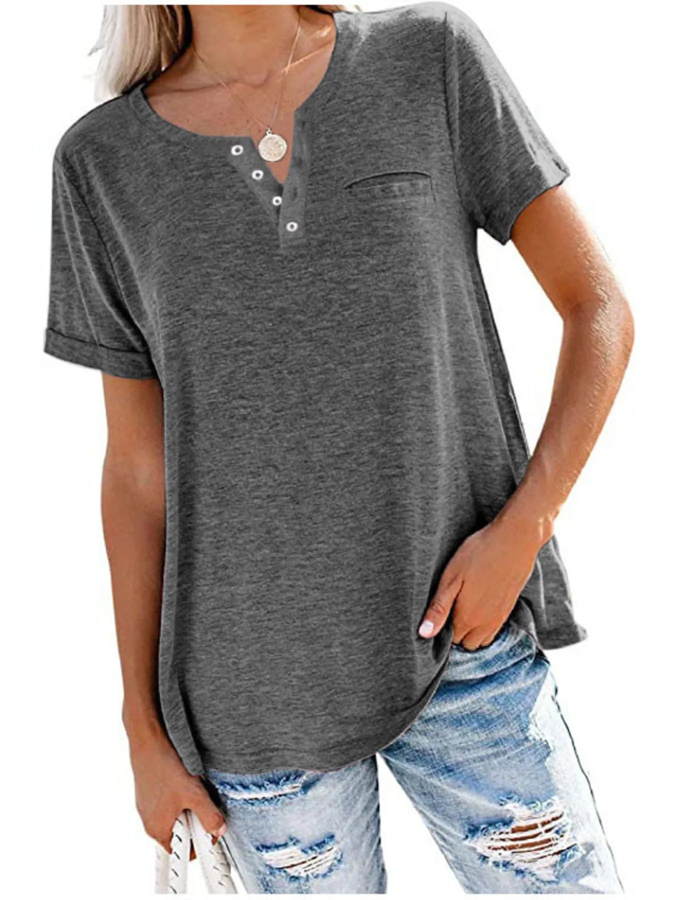 Full Size Notched Short Sleeve T-Shirt Plus Size - Dark Gray -