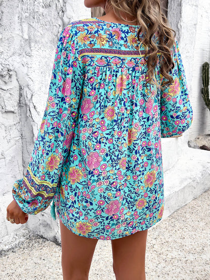 Devine Printed Tie Neck Long Sleeve Blouse - -