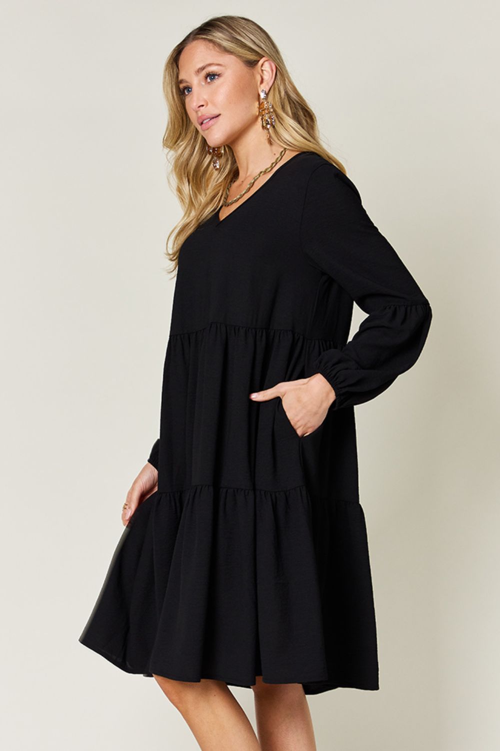 Double Take Full Size V-Neck Balloon Sleeve Tiered Dress with Pockets - -