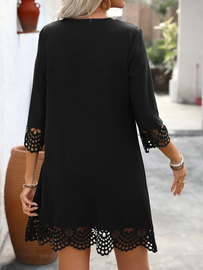 Cutout V-Neck Three-Quarter Sleeve Mini Dress - -