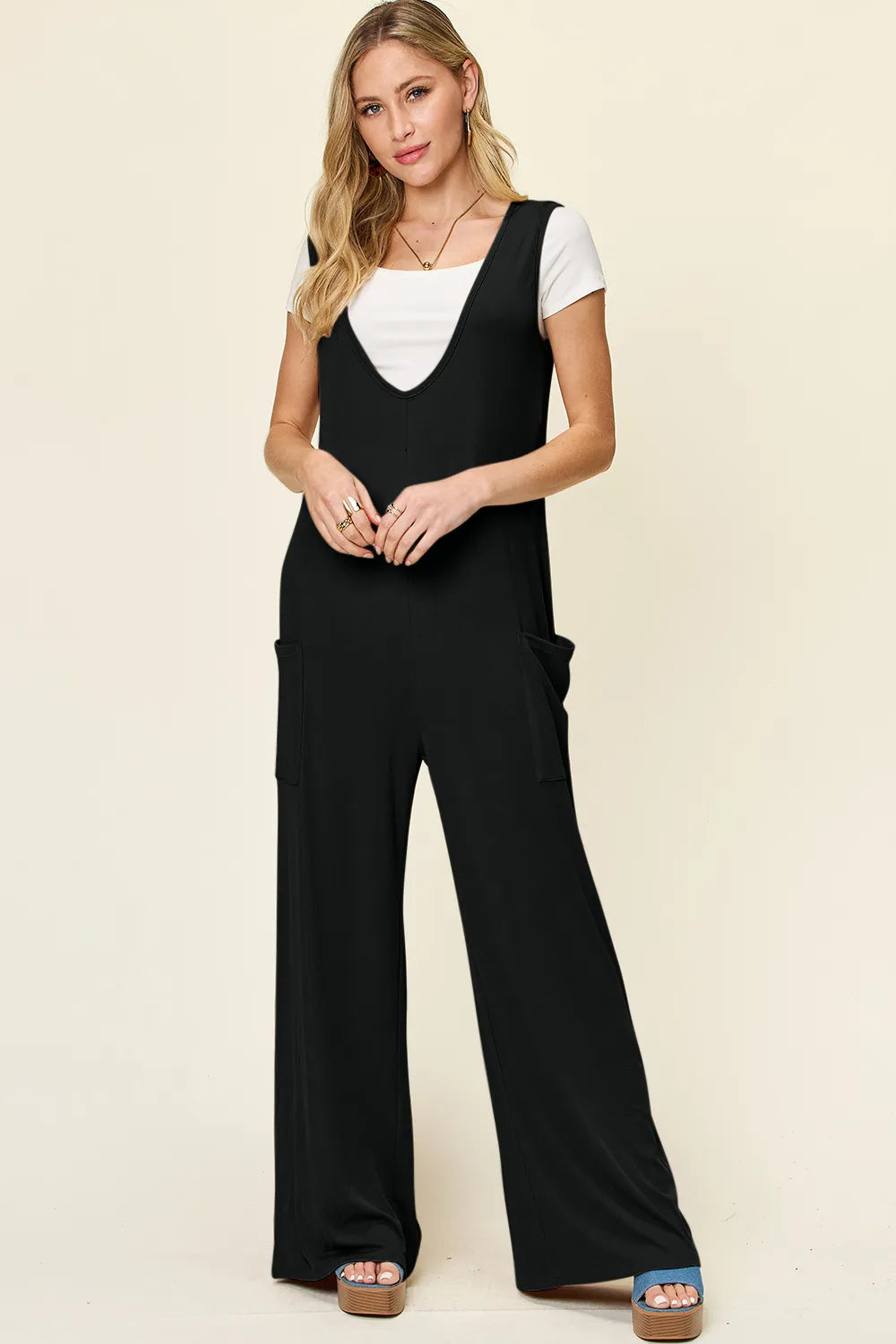 Double Take Full Size Sleeveless Wide Leg Jumpsuit with Pockets - Black -
