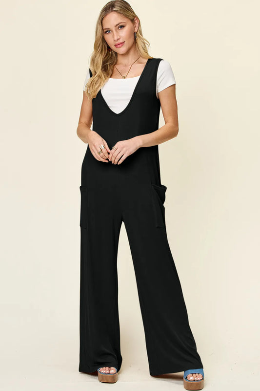 Double Take Full Size Sleeveless Wide Leg Jumpsuit with Pockets - Black -