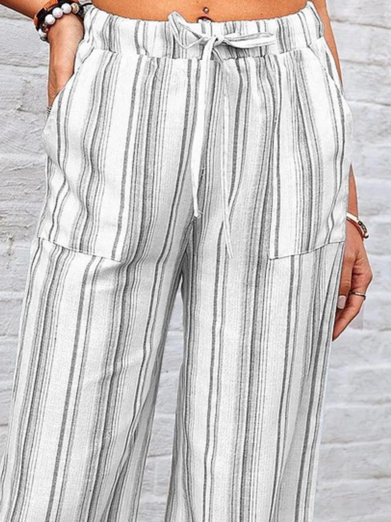 Full Size Striped Wide Leg Pants Plus Size - -