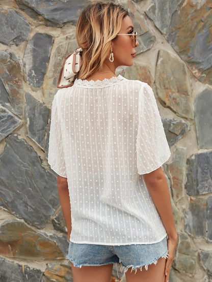 Lace Detail V-Neck Siwss Dot Blouse - -