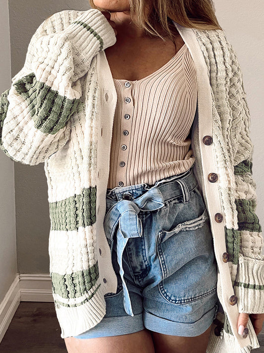 Plus Size Striped Button Up Dropped Shoulder Cardigan - Cream -