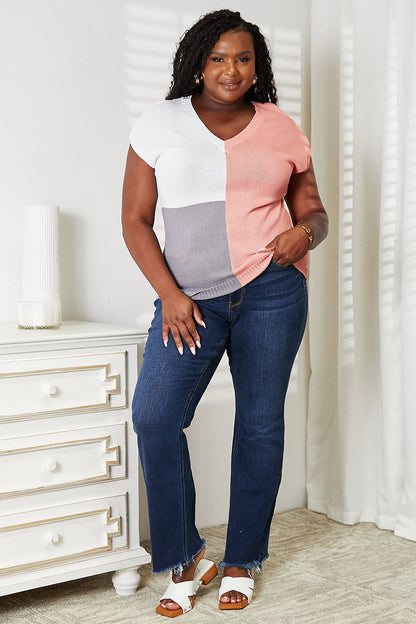 Color Block V-Neck Knit Top - -