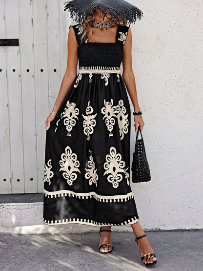 Smocked Printed Wide Strap Maxi Dress - Black -