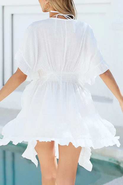 Ruffled Smocked Waist V-Neck Cover-Up - -