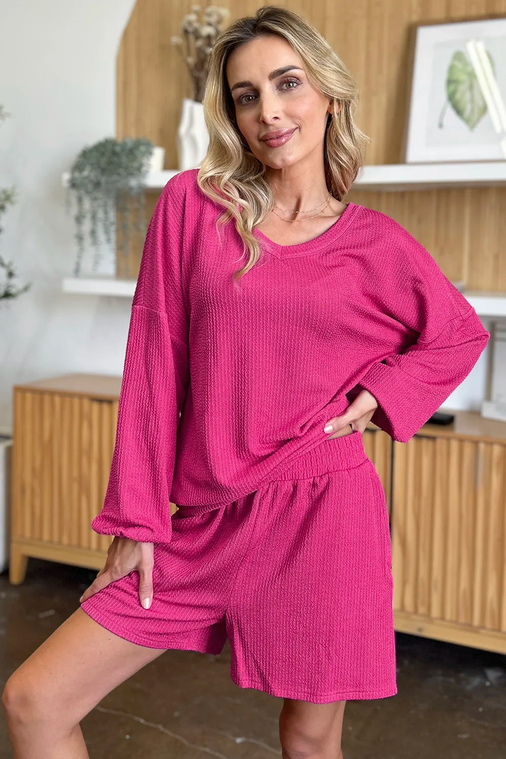 Double Take Full Size Texture V-Neck Long Sleeve T-Shirt and Shorts Set - -