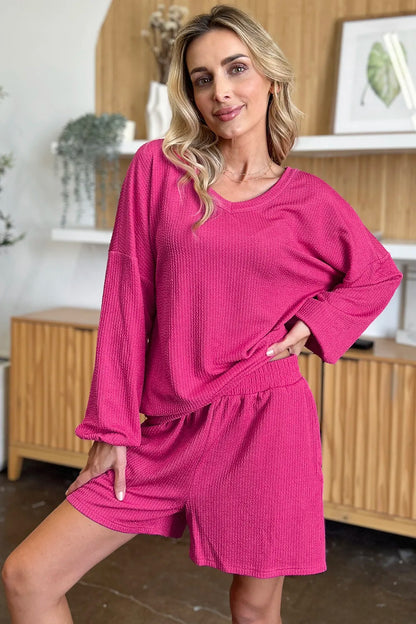 Double Take Full Size Texture V-Neck Long Sleeve T-Shirt and Shorts Set - -