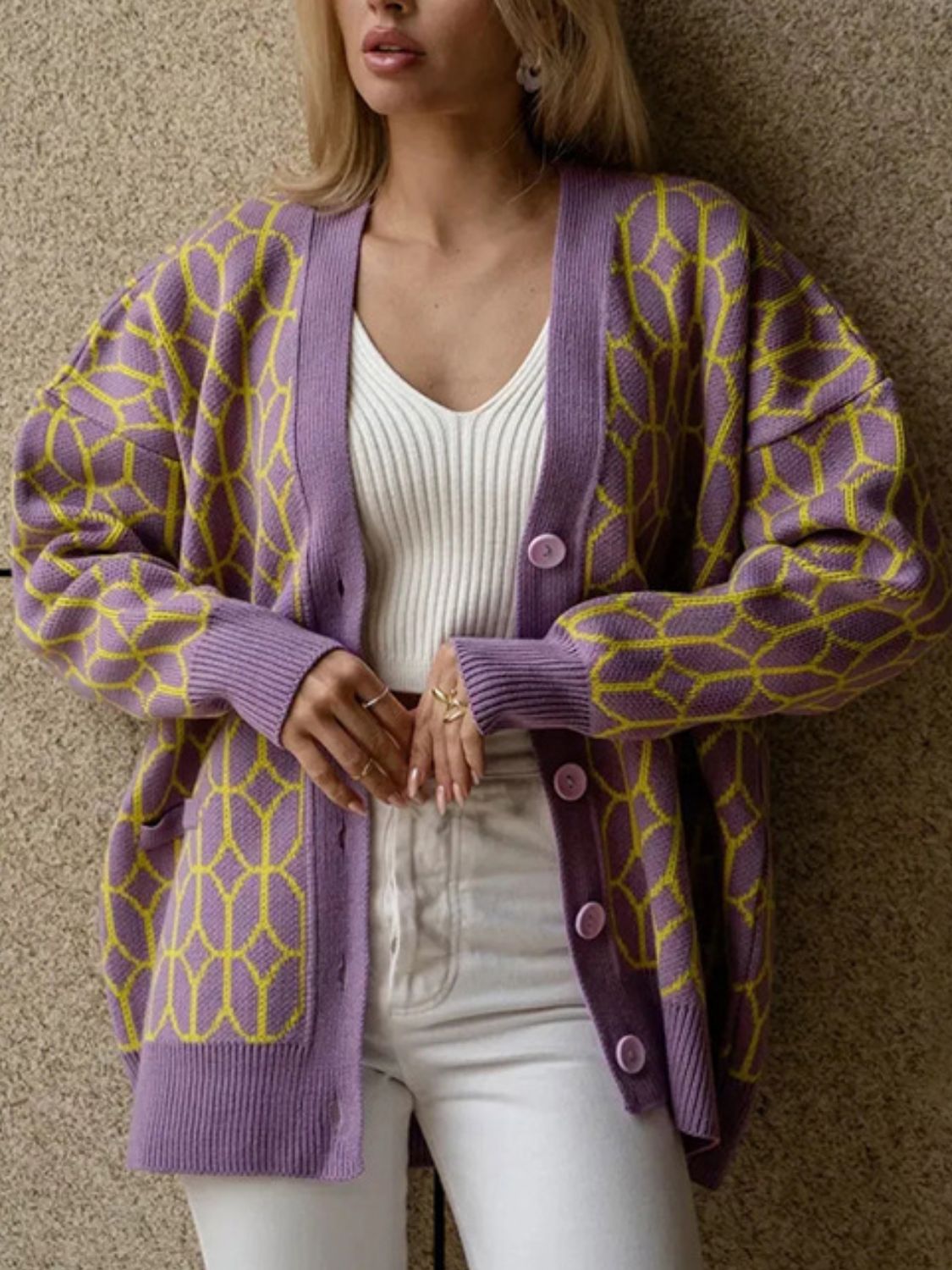Button Up Long Sleeve Cardigan - Mauve One Size -