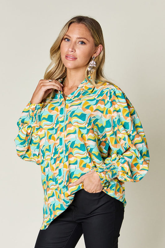 Double Take Full Size Printed Smocked Long Sleeve Blouse - Turquoise -
