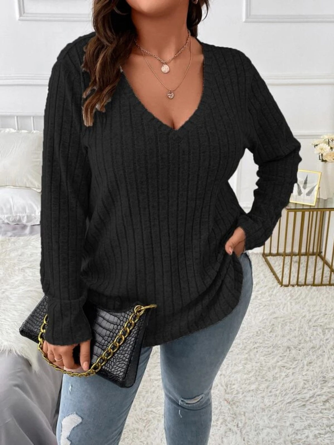 Plus Size V-Neck Long Sleeve T-Shirt - Black -