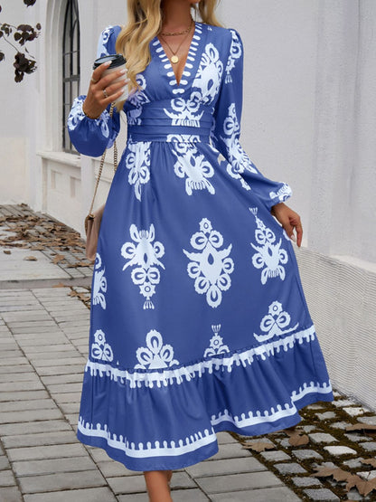 Devine Ruffled Printed Plunge Long Sleeve Dress