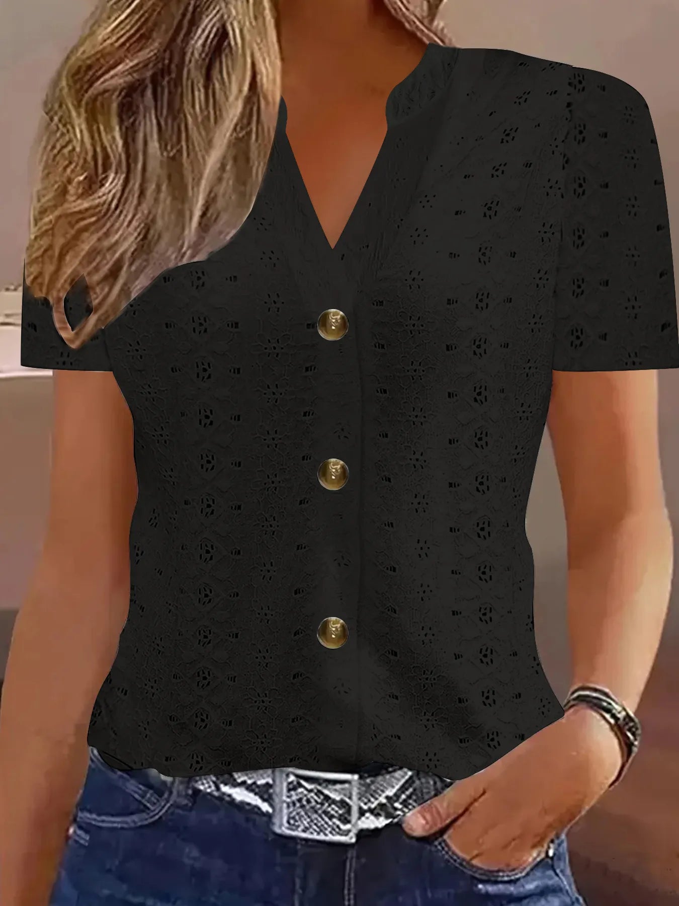 Openwork Notched Short Sleeve Top – Button Detail Summer Chique - Black -
