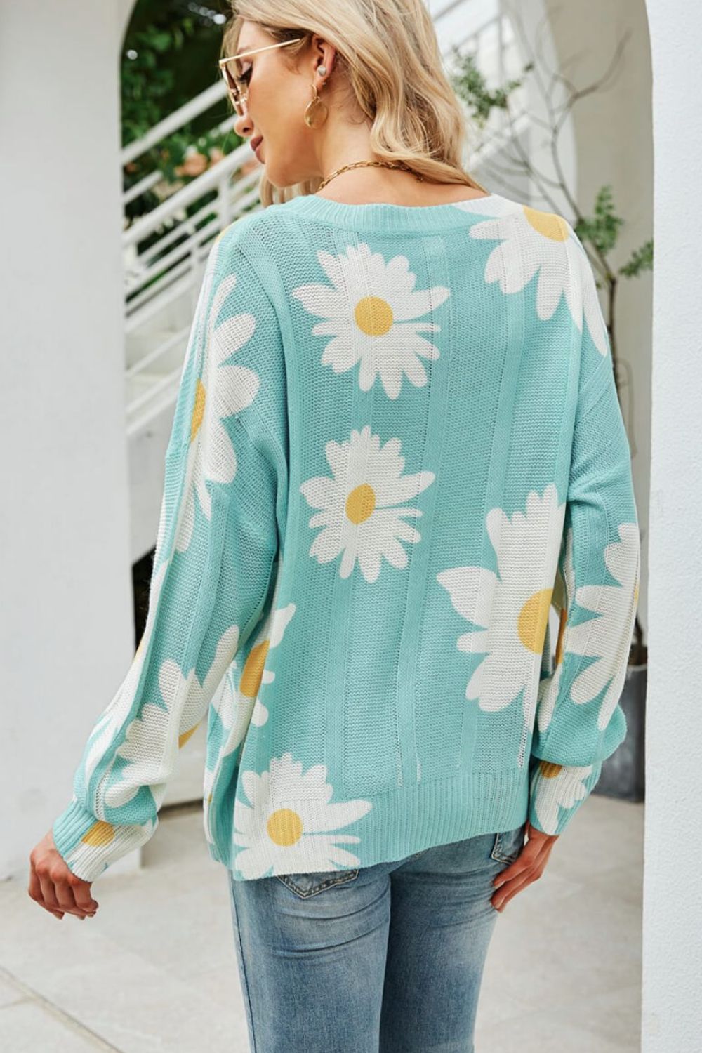 Angel Wings Daisy Print Openwork Round Neck Sweater - -