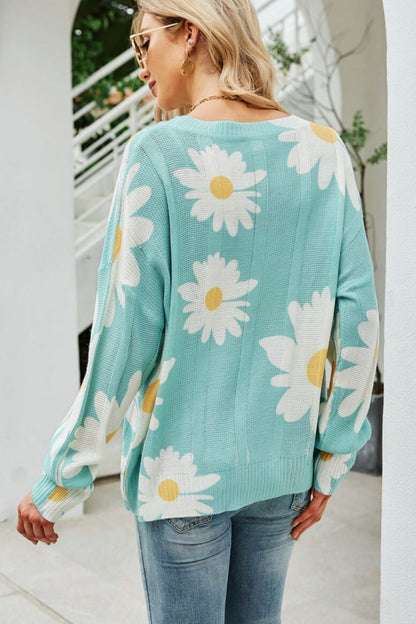 Angel Wings Daisy Print Openwork Round Neck Sweater - -