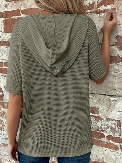 Drawstring Waffle-Knit Short Sleeve Hooded Top - -