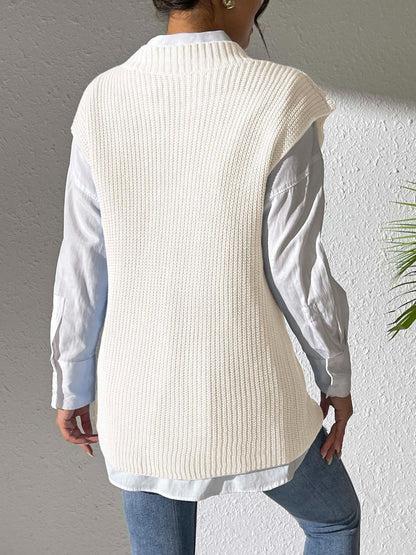 Flower V-Neck Sweater Vest - -
