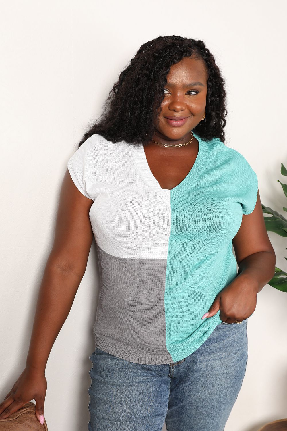 Color Block V-Neck Knit Top - Turquoise -