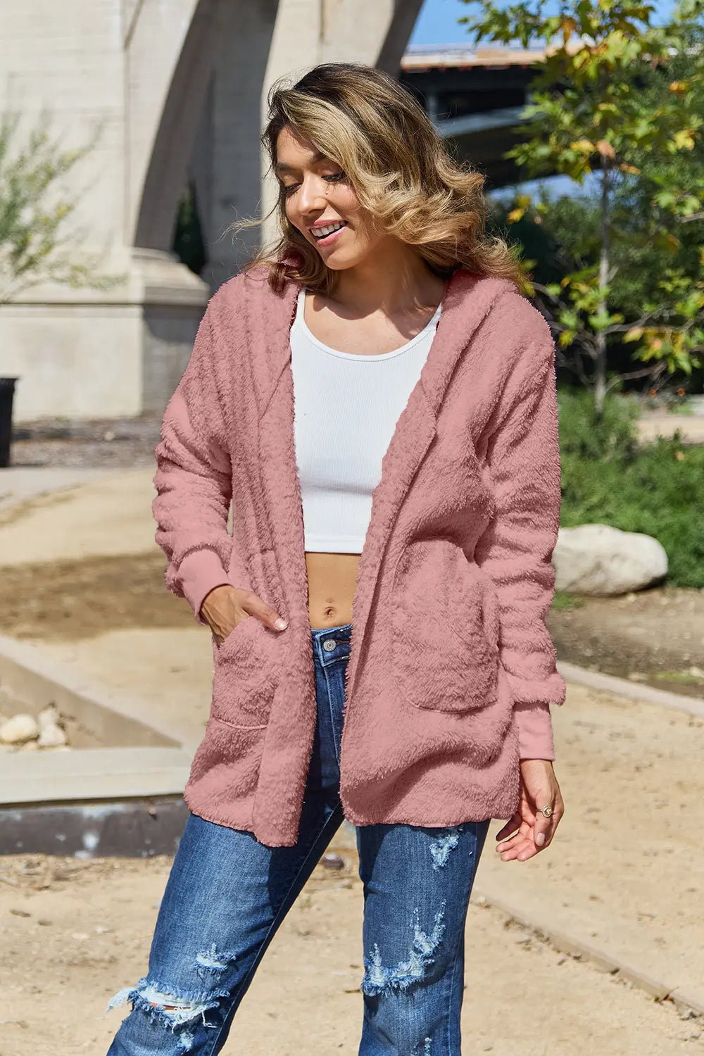 Full Size Teddy Hooded Jacket with Pockets - Dusty Pink -