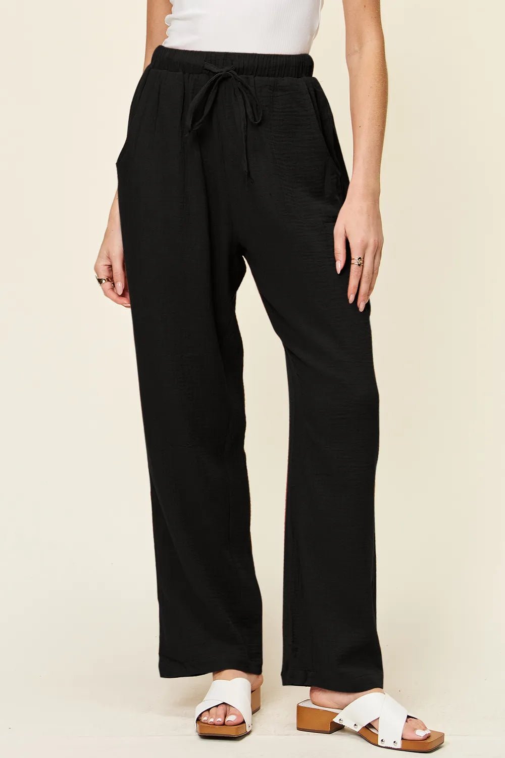 Double Take Full Size Texture Drawstring Straight Pants - Black -