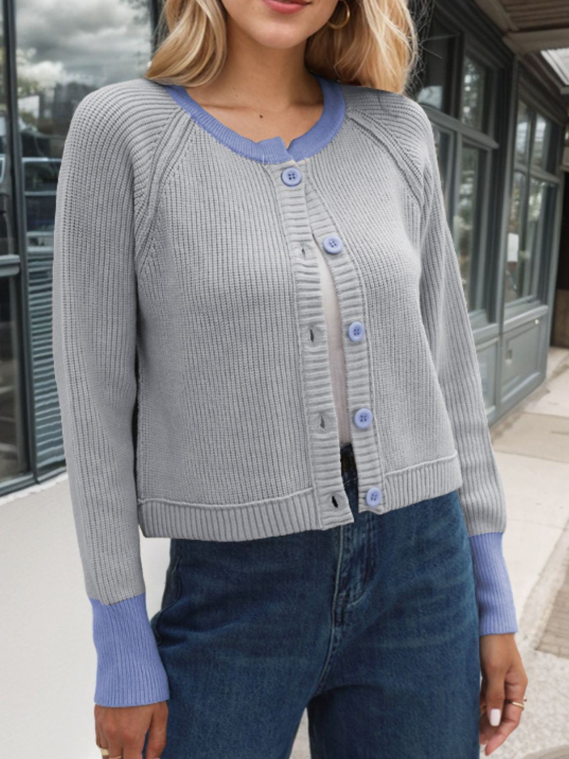 Contrast Button Up Long Sleeve Cardigan - Gray -