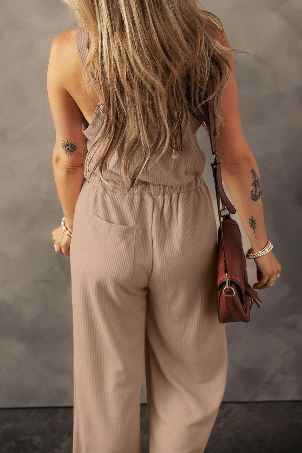 Knotted Straps Button Textured Drawstring Jumpsuit - -