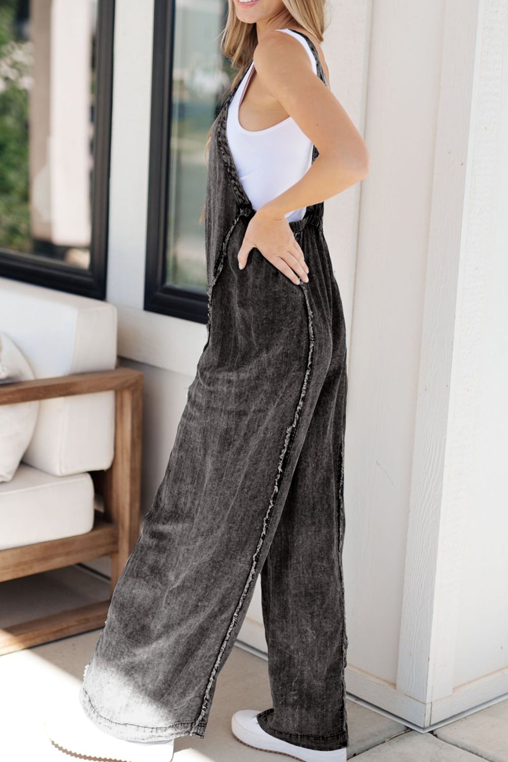 Frayed Exposed Seam Wide Leg Denim Overalls - -