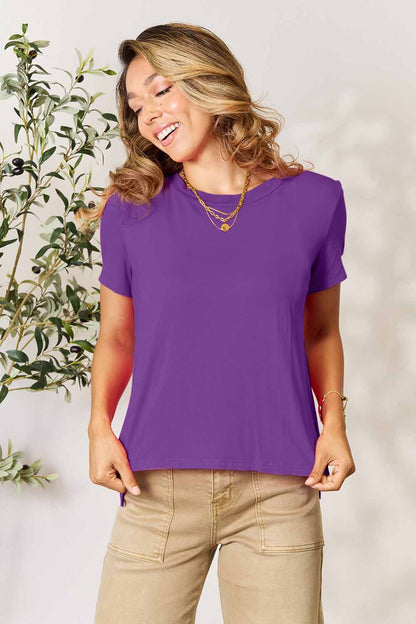 Basic Bae Full Size Round Neck Short Sleeve Slit T-Shirt – Bold & Neutral Colors - Purple -