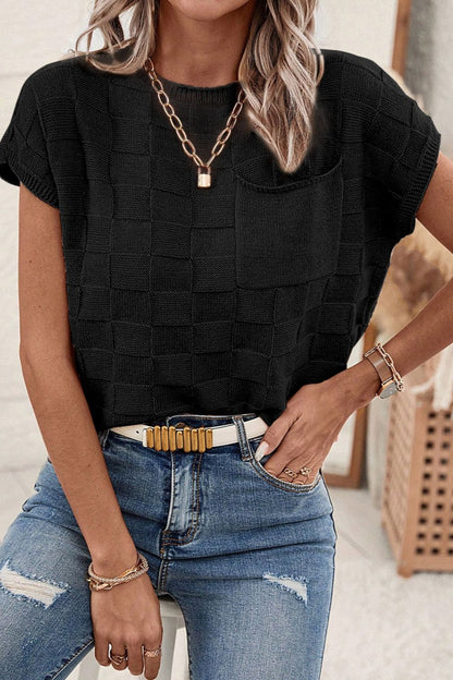 Pocketed Checkered Round Neck Knit Top - -