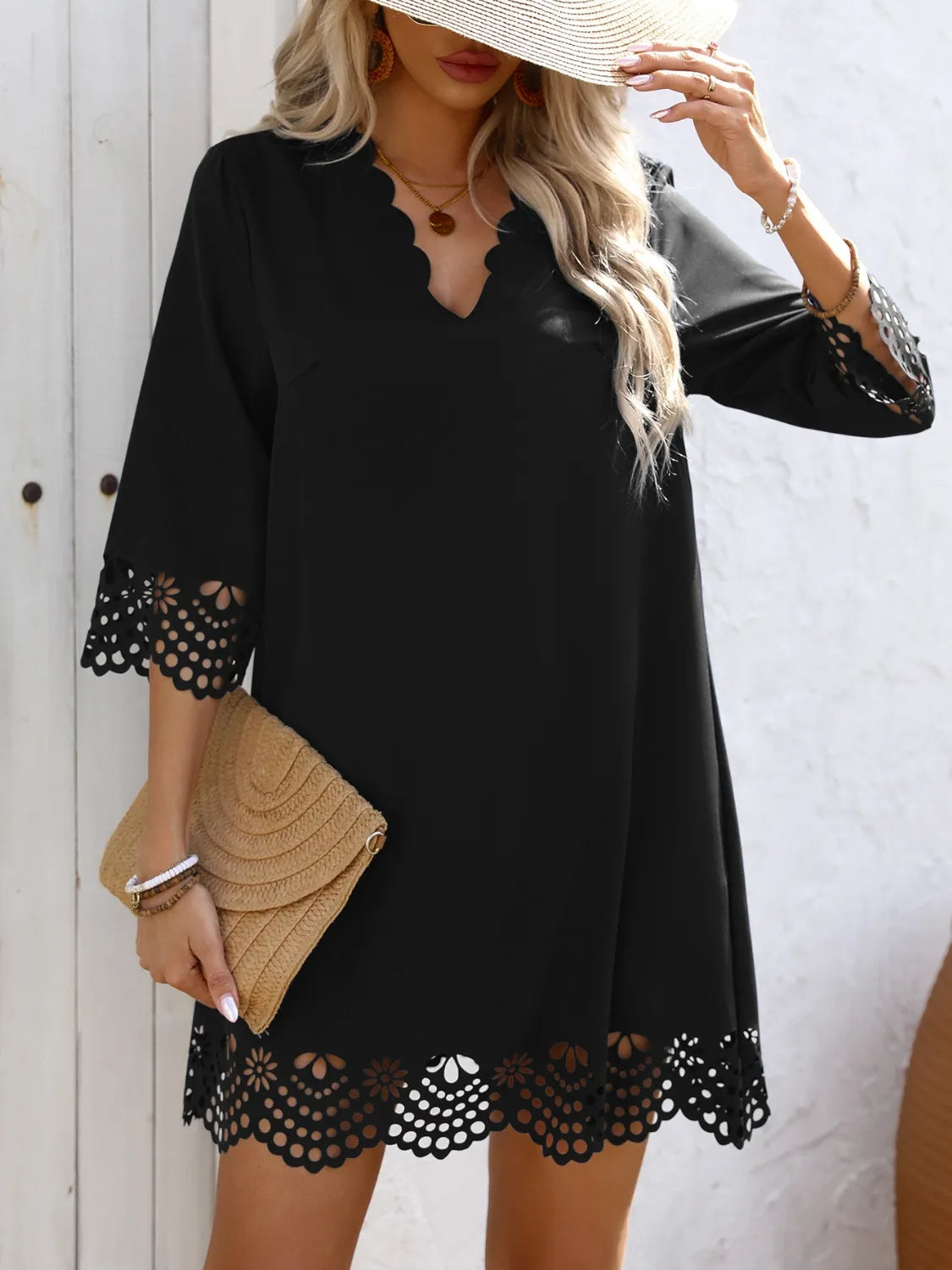 Cutout V-Neck Three-Quarter Sleeve Mini Dress - -