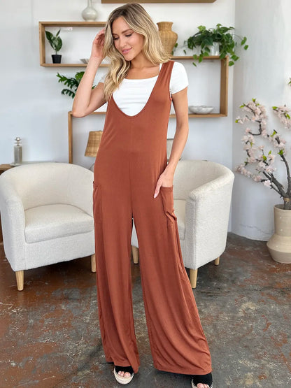 Double Take Full Size Sleeveless Wide Leg Jumpsuit with Pockets - -