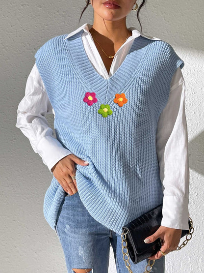 Flower V-Neck Sweater Vest - -