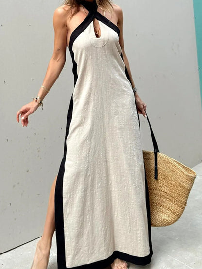 Contrast Halter Sleeveless Maxi Dress – Trendy Summer Slit Dress | SCB Level Stylish - Apricot -