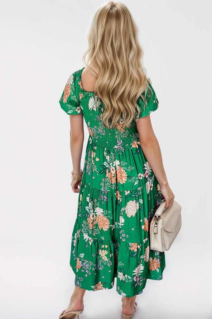 Smocked Printed Puff Sleeve Midi Dress