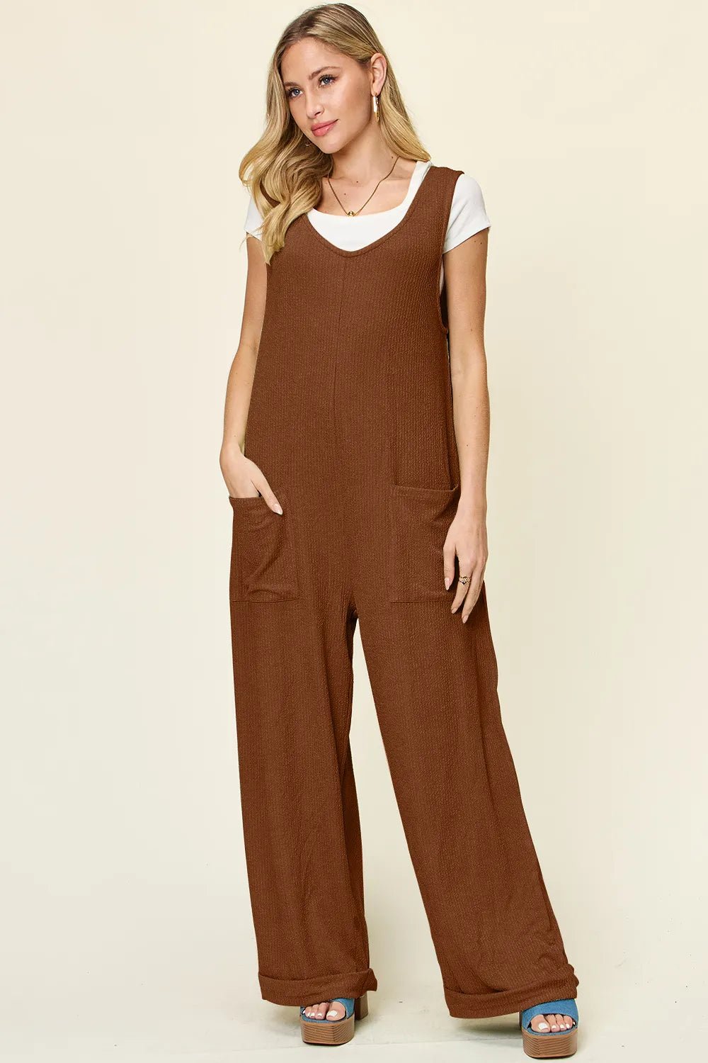 Double Take Full Size Texture Sleeveless Wide Leg Jumpsuit – | Shannon’s Chique Boutique