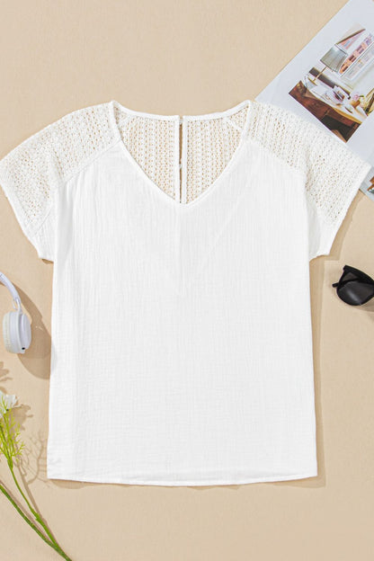 Lace Crochet Textured Button Back V Neck T Shirt - -