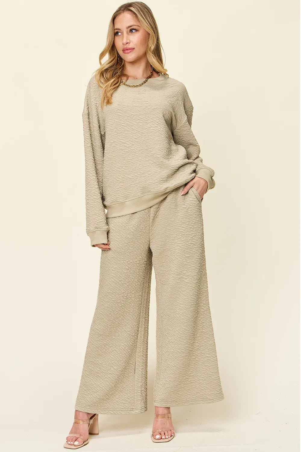 Double Take Full Size Texture Long Sleeve Top and Pants Set - -