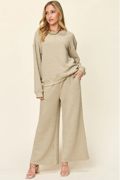 Double Take Full Size Texture Long Sleeve Top and Pants Set - -