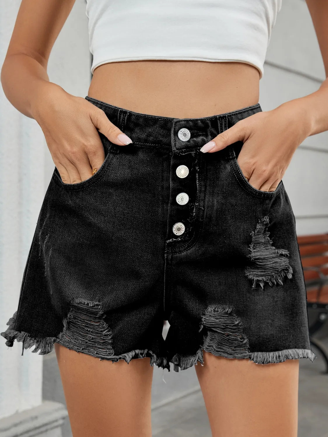 Distressed Raw Hem Denim Shorts - -