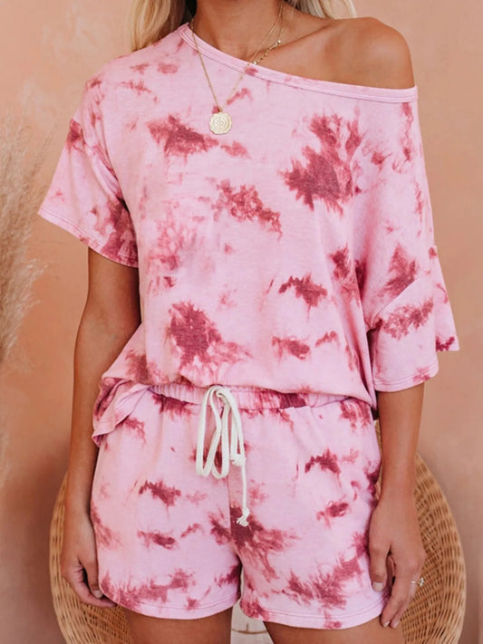 Tie-Dye Boat Neck Top and Shorts Set - Pink -