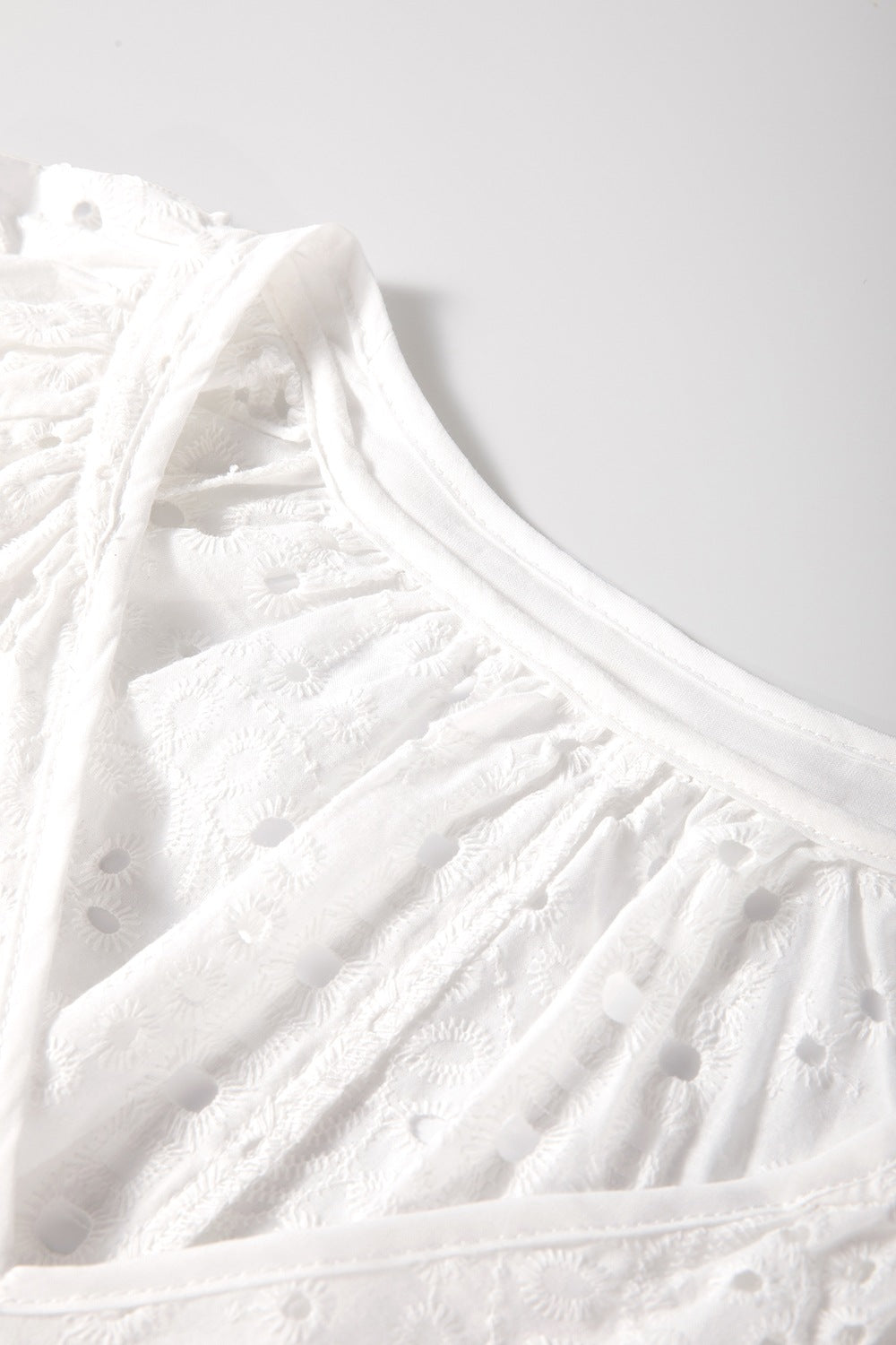 Eyelet V-Neck Long Sleeve Blouse - -