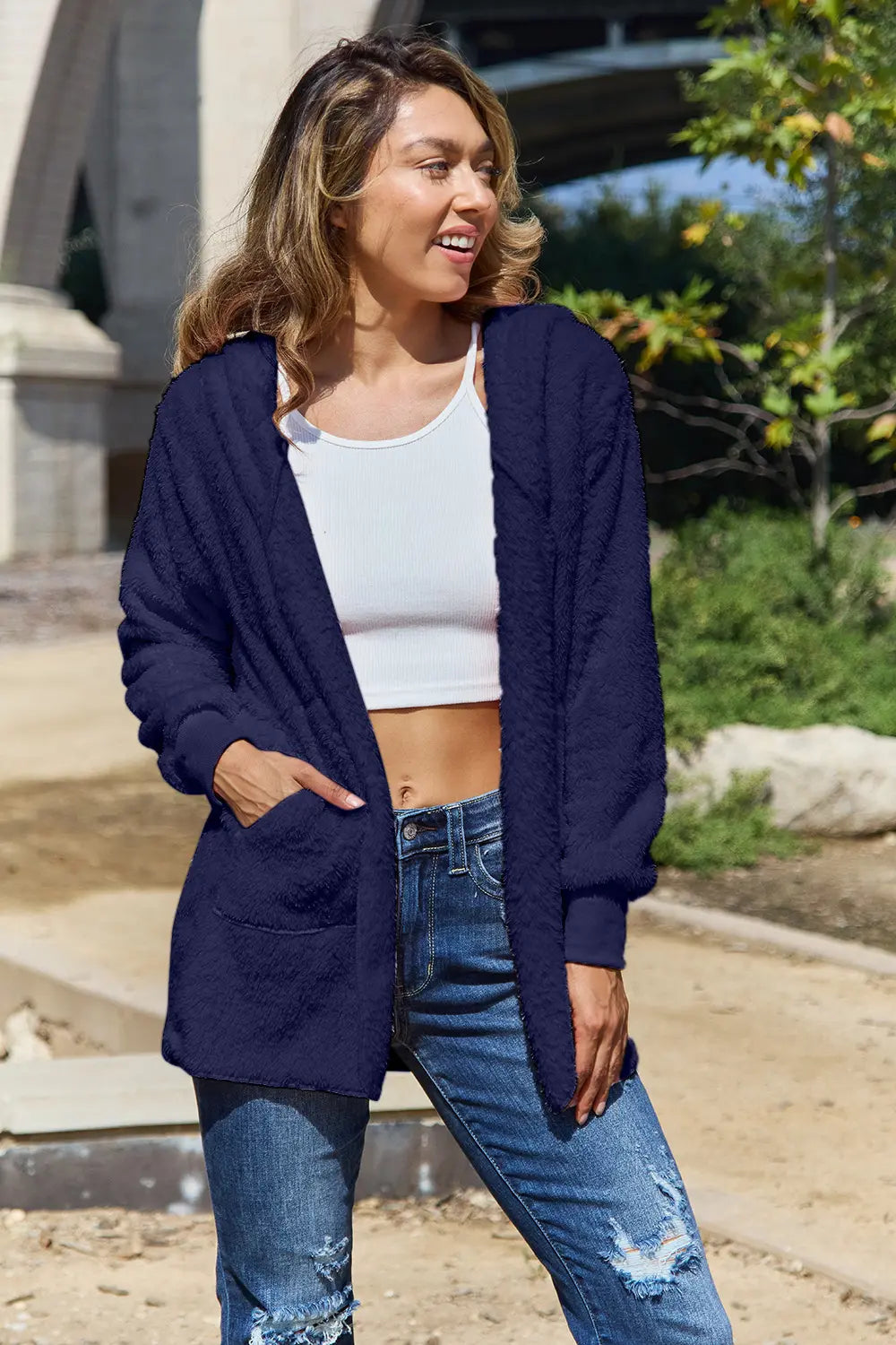 Full Size Teddy Hooded Jacket with Pockets - Dark Blue -